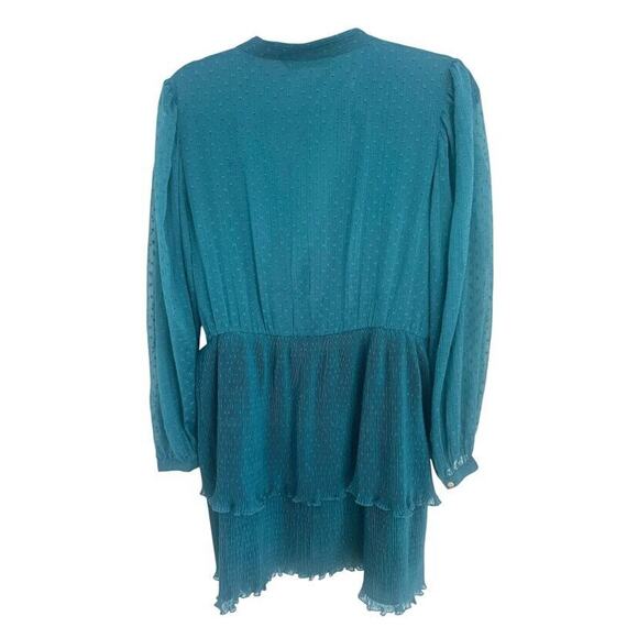 Zara Turquoise Blue Chiffon Dotted Tiered Mini Dress Size Large Long Sleeve - Picture 6 of 9